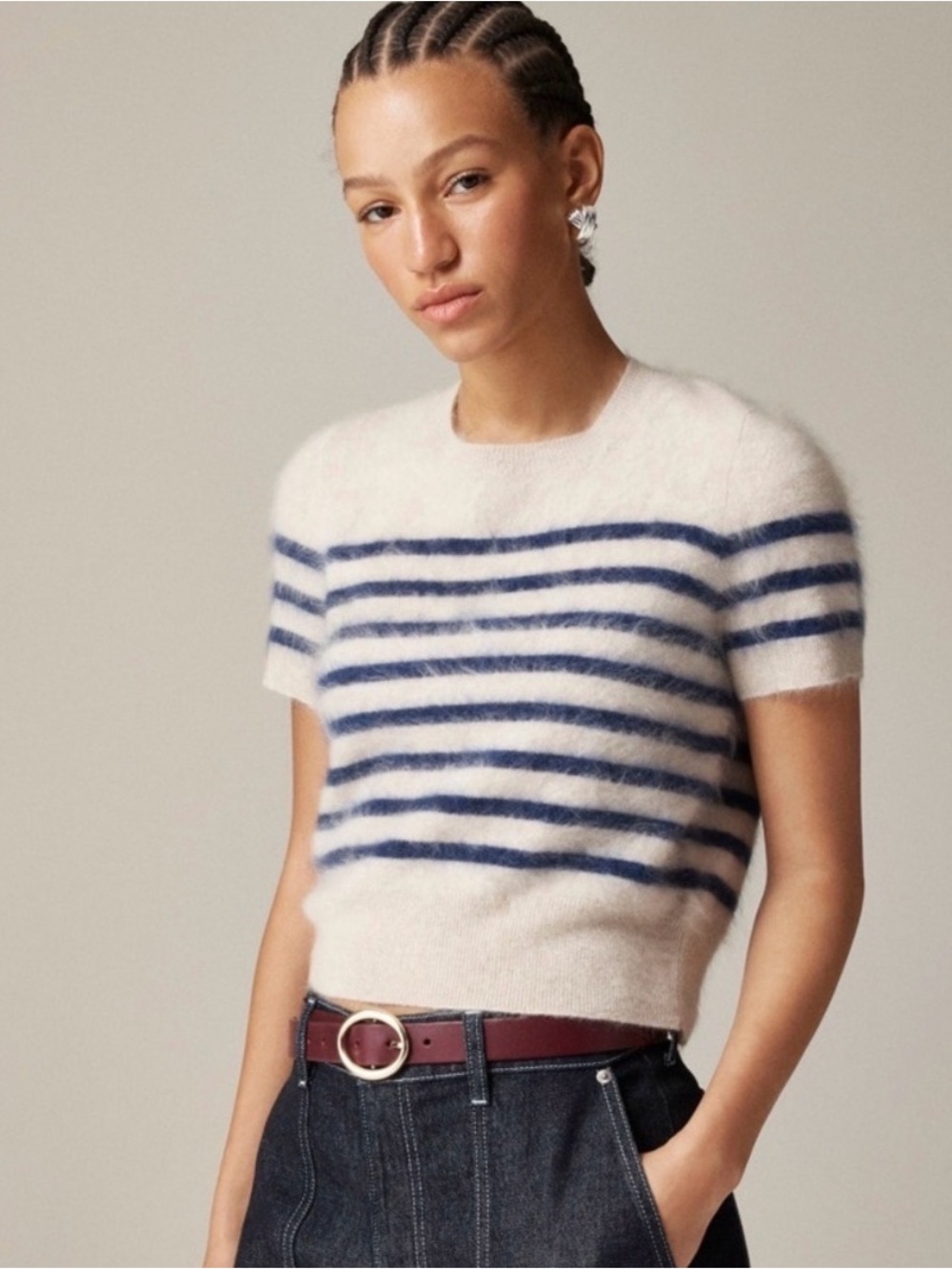 J.Crew cashmere short-sleeve in oatmeal and navy stripe retail $148
